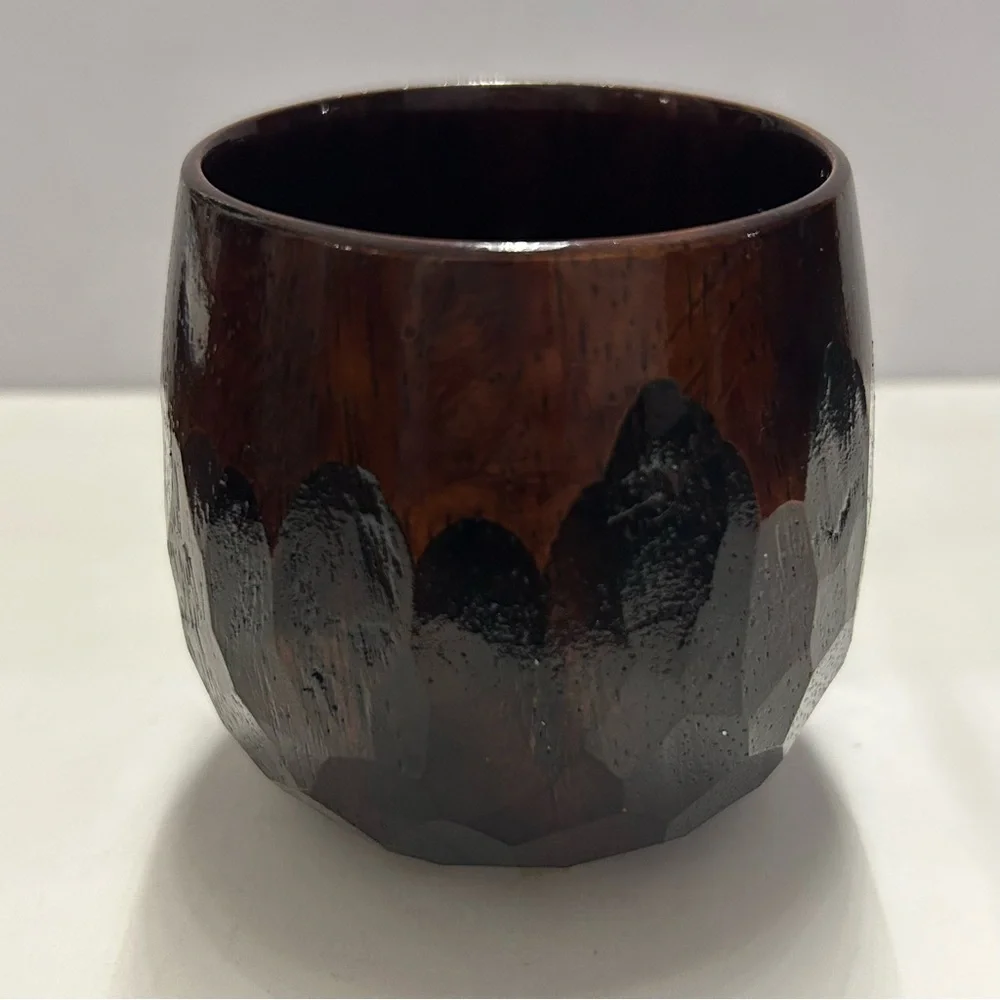Hand-Carved Lacquer Wood Mug Honeycomb Geometric Tumbler Tea Coffee Whiskey Cup